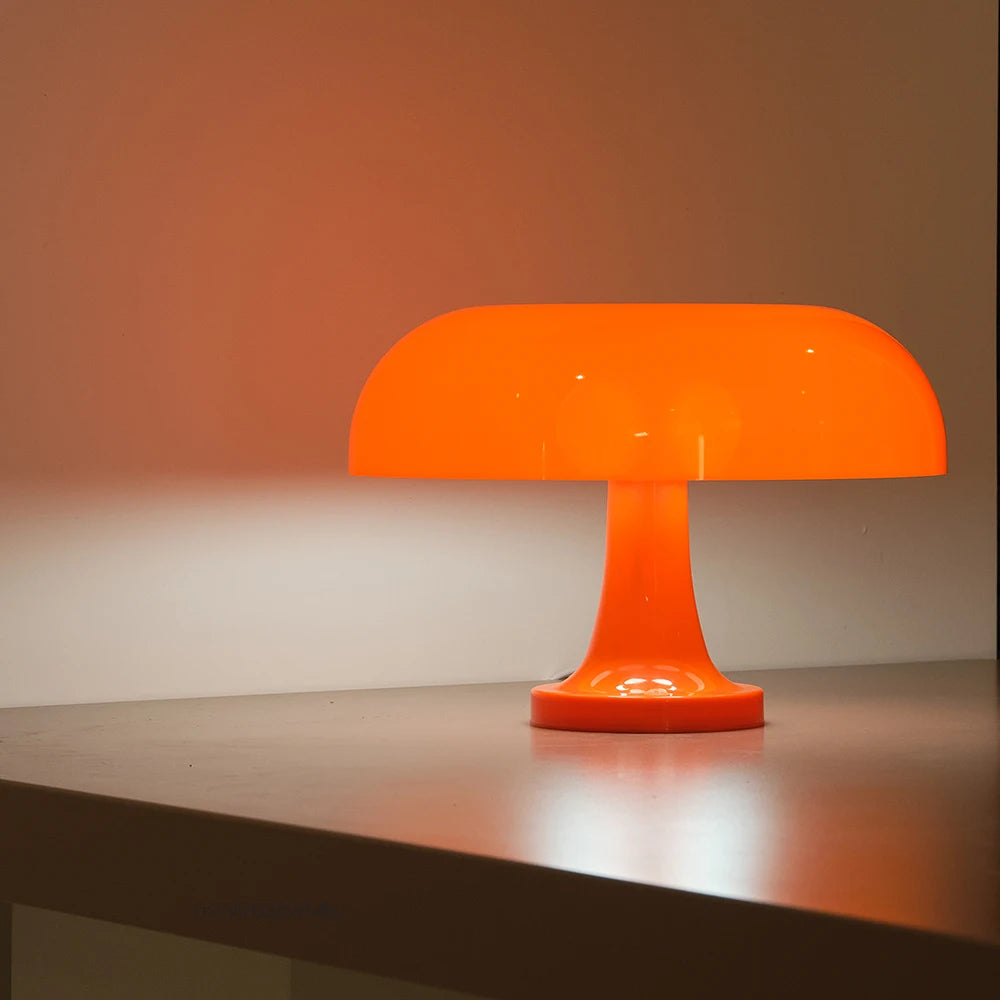 Soft warm glow from mushroom Bauhaus lamp