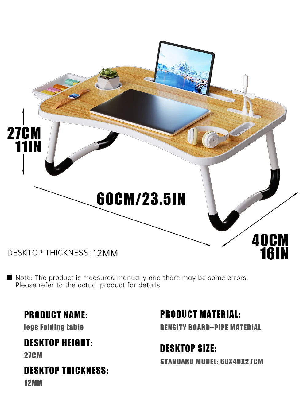 Portable laptop desk with a built-in USB light and tablet holder for a clutter-free workspace.