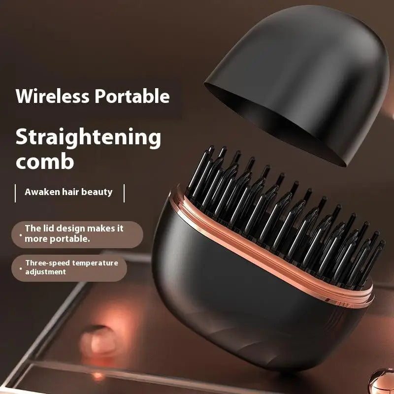 Wireless portable straightening comb with lid design on a dark background