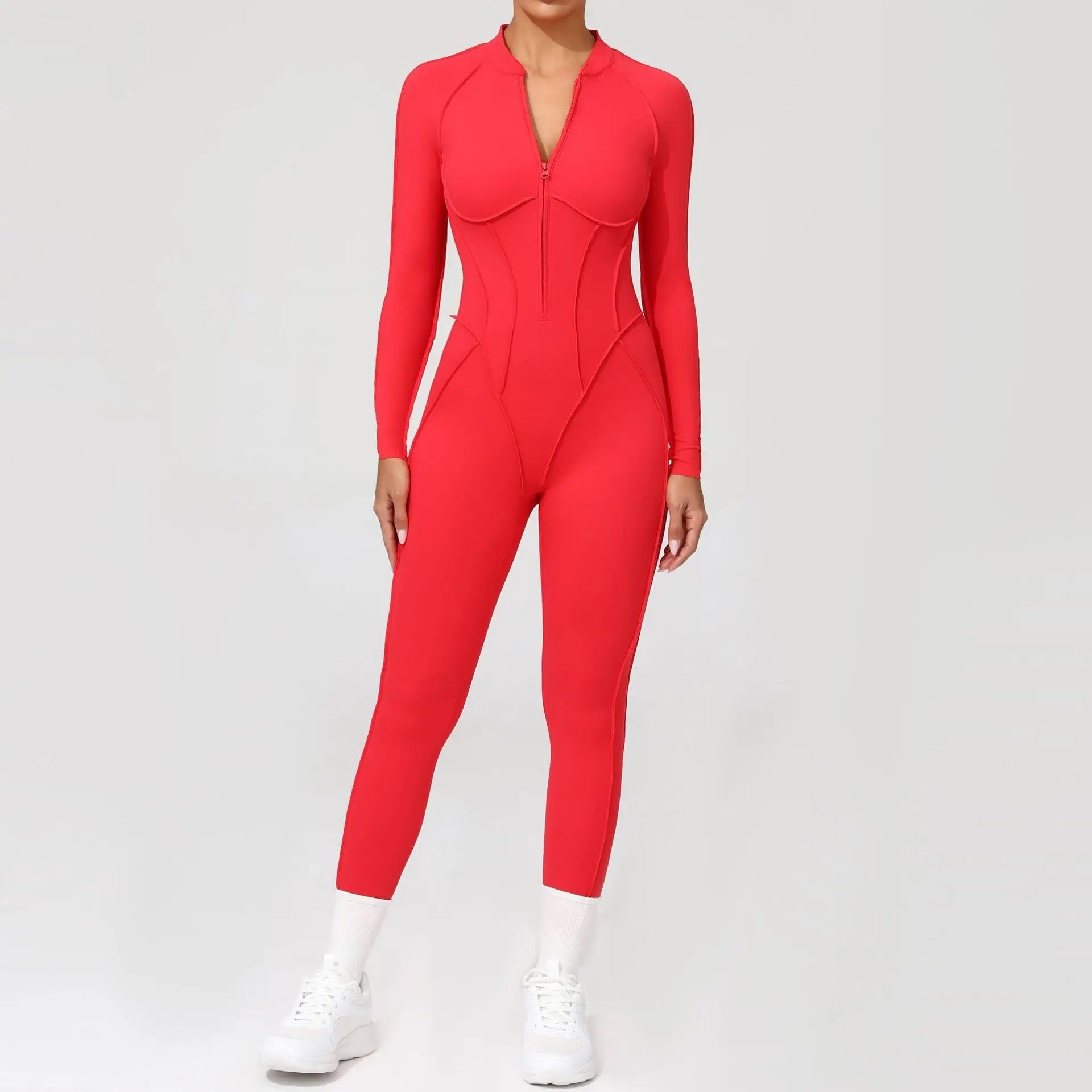 Red jumpsuit worn by a person on a light gray background