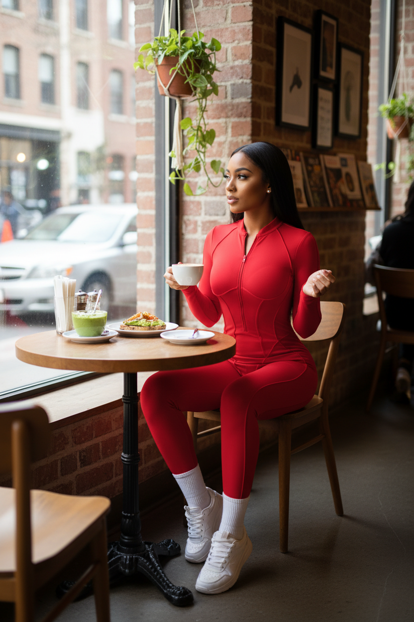 Woman in a red outfit sitting at a cafe table with a drink and food.