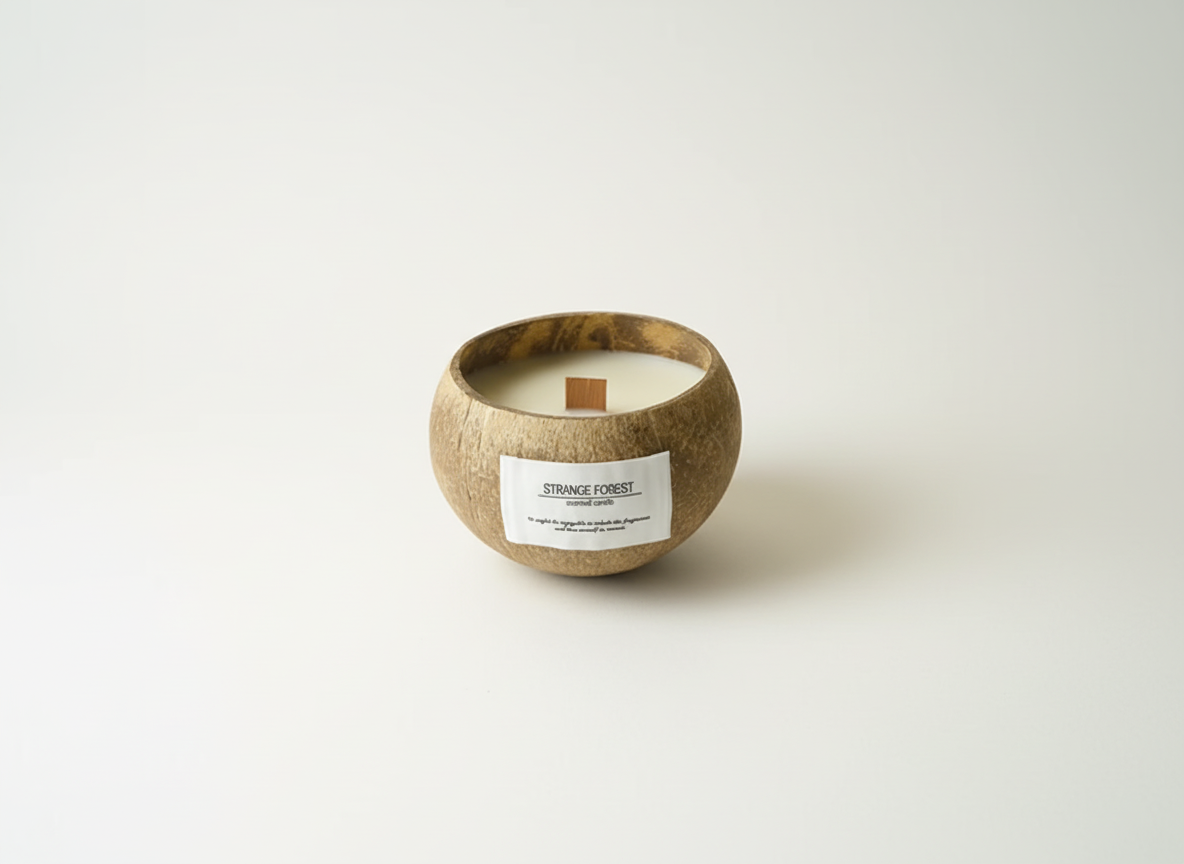 Candle in a coconut shell with a label on a white background