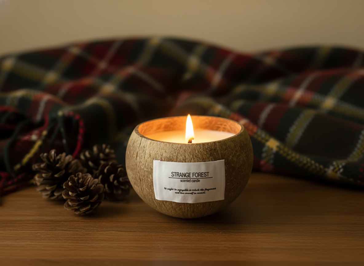 Candle in a wooden holder with a label, surrounded by pine cones and a plaid blanket.