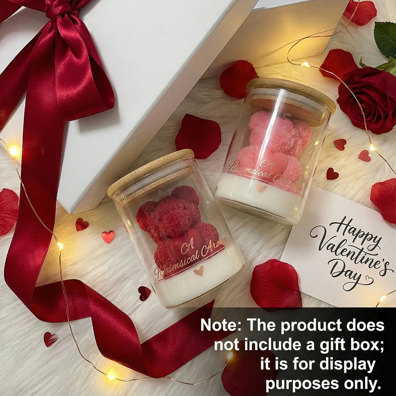Two jars with decorative items on a wooden surface with red ribbons and rose petals, featuring a 'Happy Valentine's Day' card.