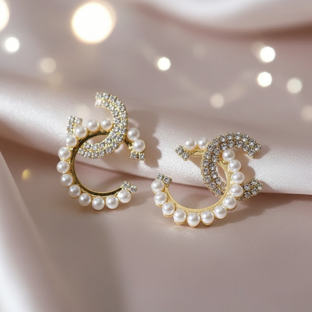 Pair of earrings with pearl and gemstone design on a soft pink background