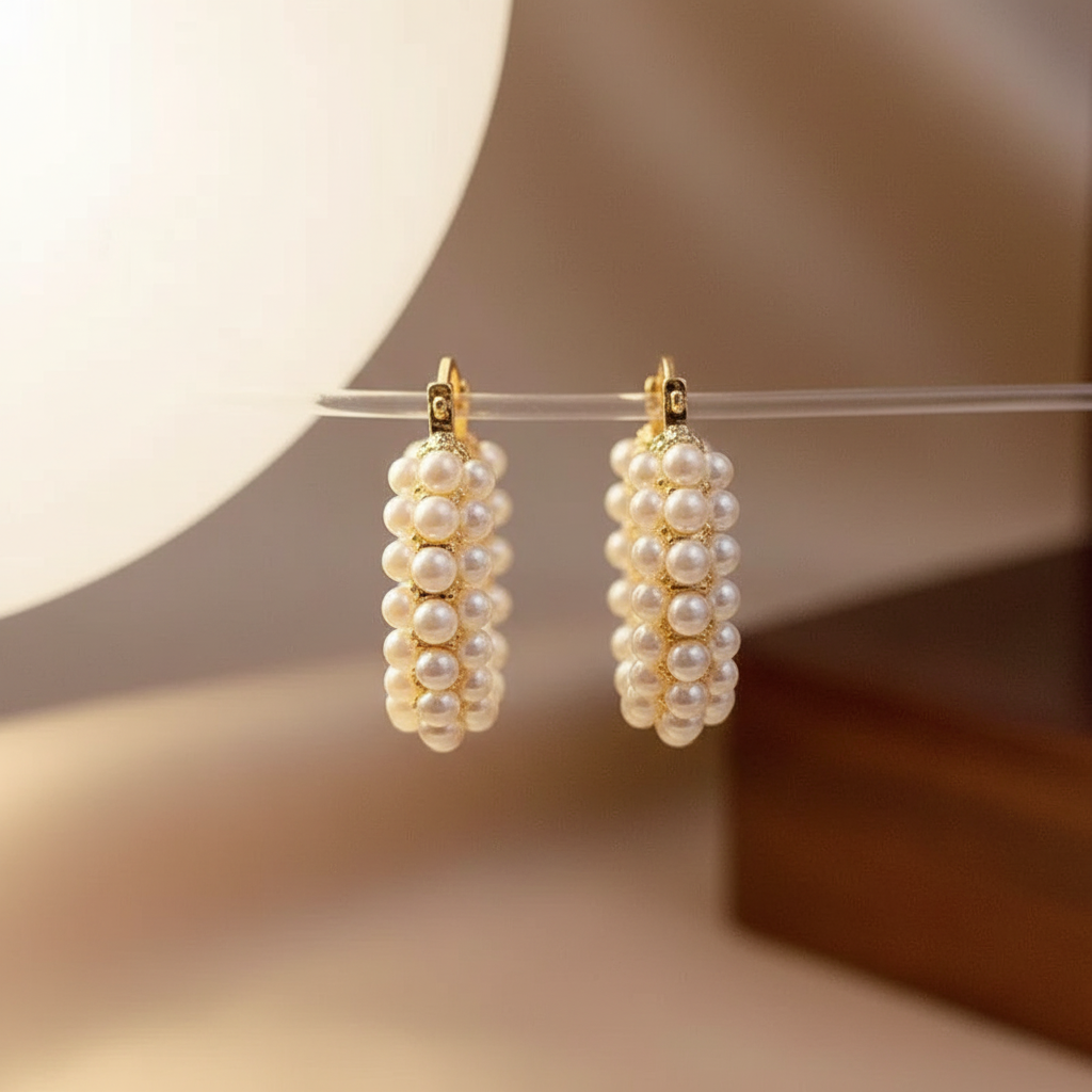 Pearl earrings with gold accents on a neutral background