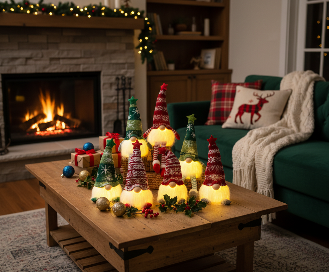 Decorative Christmas gnomes on a coffee table in a cozy living room with a fireplace.