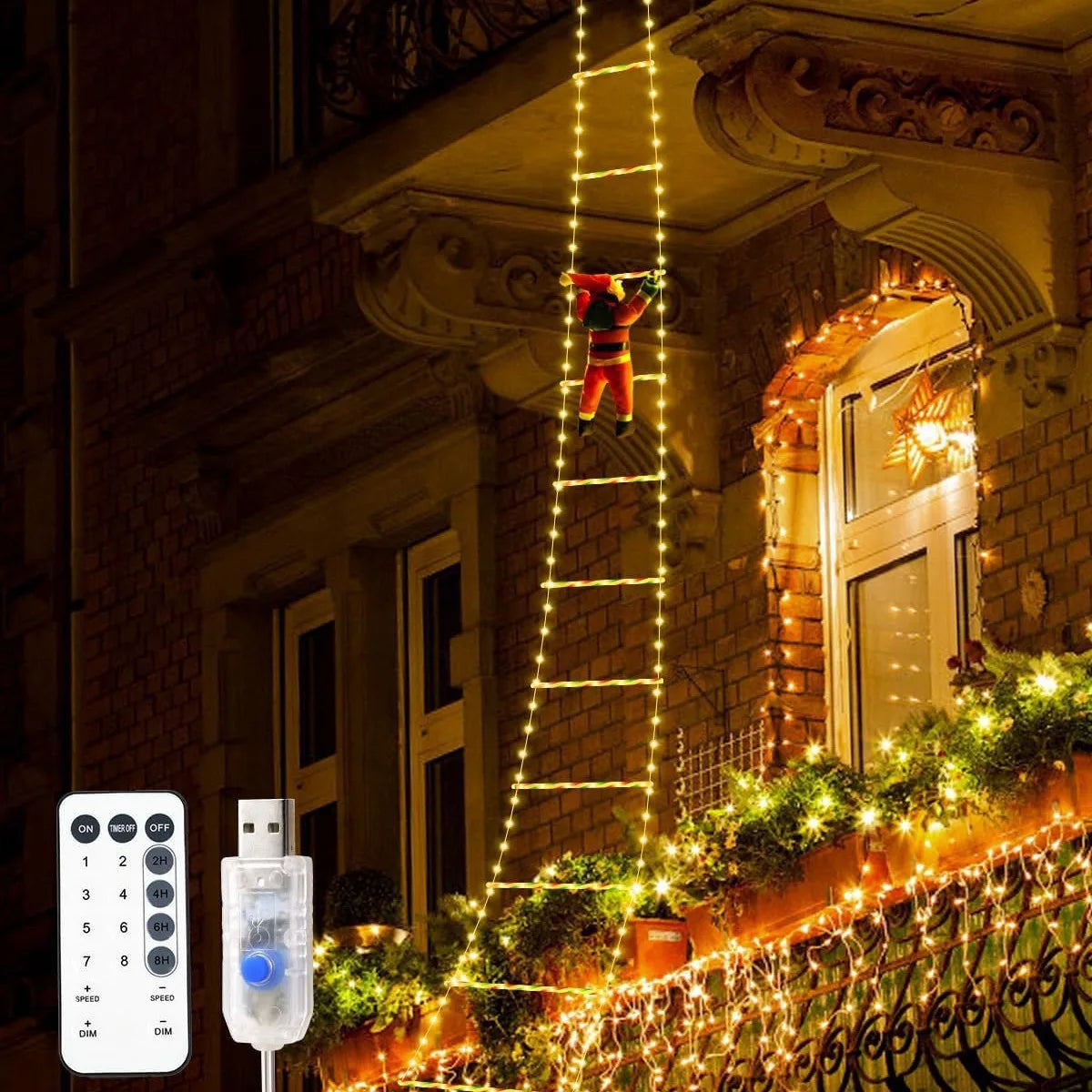 Animated Santa Claus climbing wall with glowing LED rope