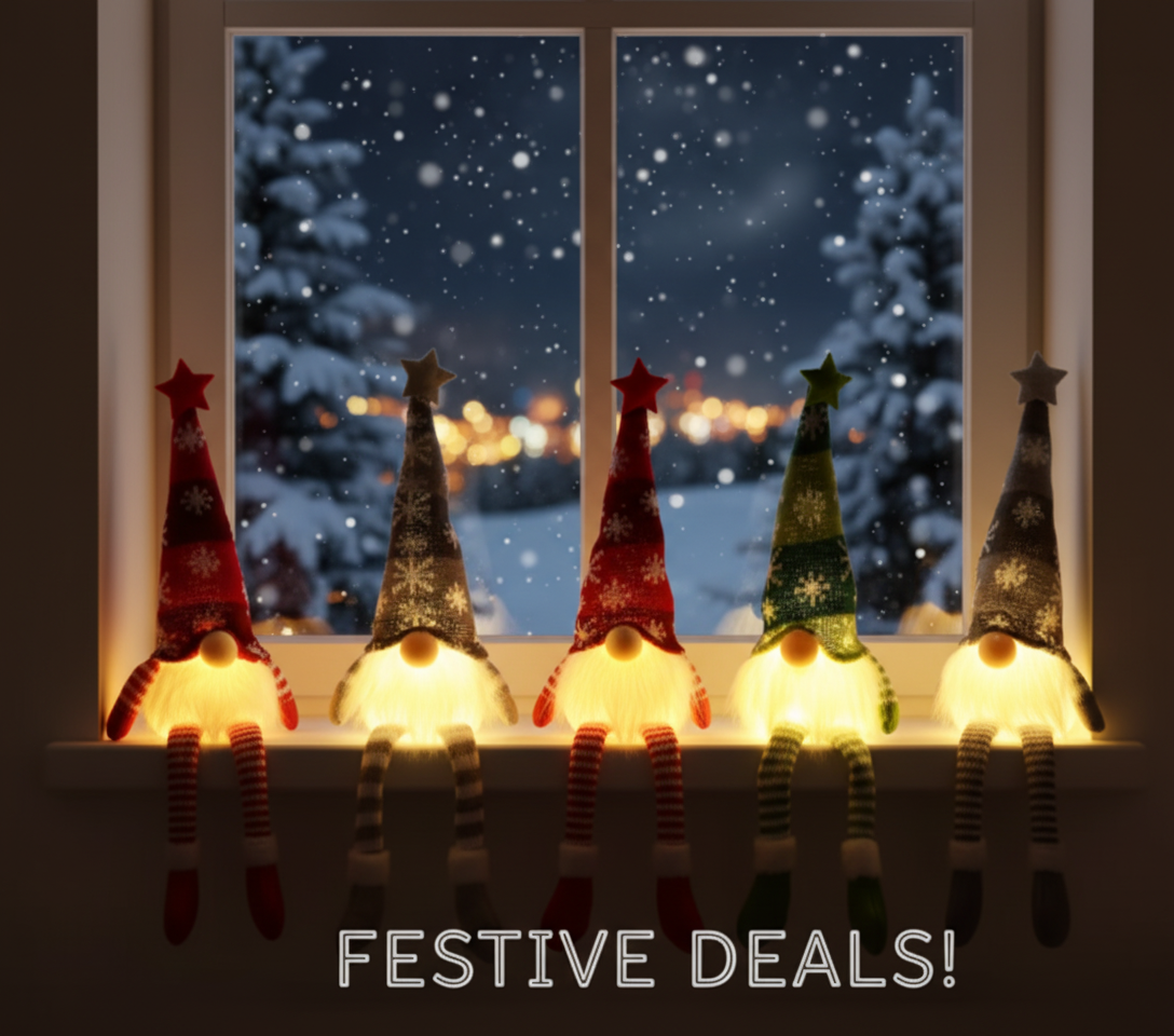 Five illuminated gnomes on a windowsill with a snowy night scene outside.