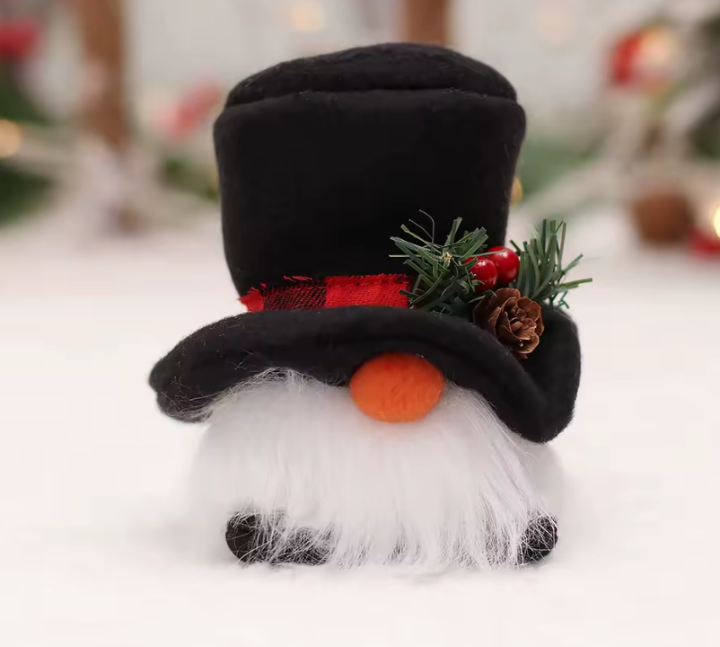 Decorative gnome with a black hat, white beard, and red nose on a blurred background.