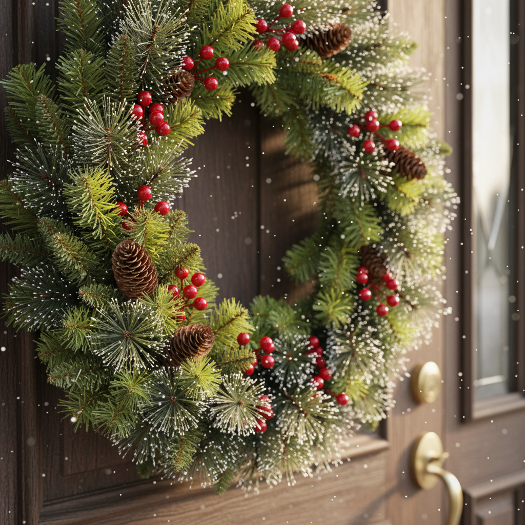 Christmas pine wreath with red berries and pinecones hanging on wall