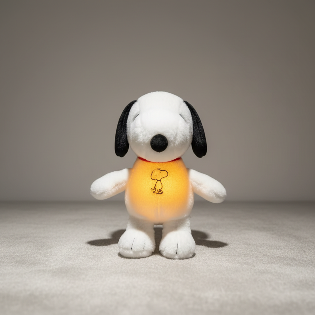 Plush dog toy with glowing orange belly on a neutral background