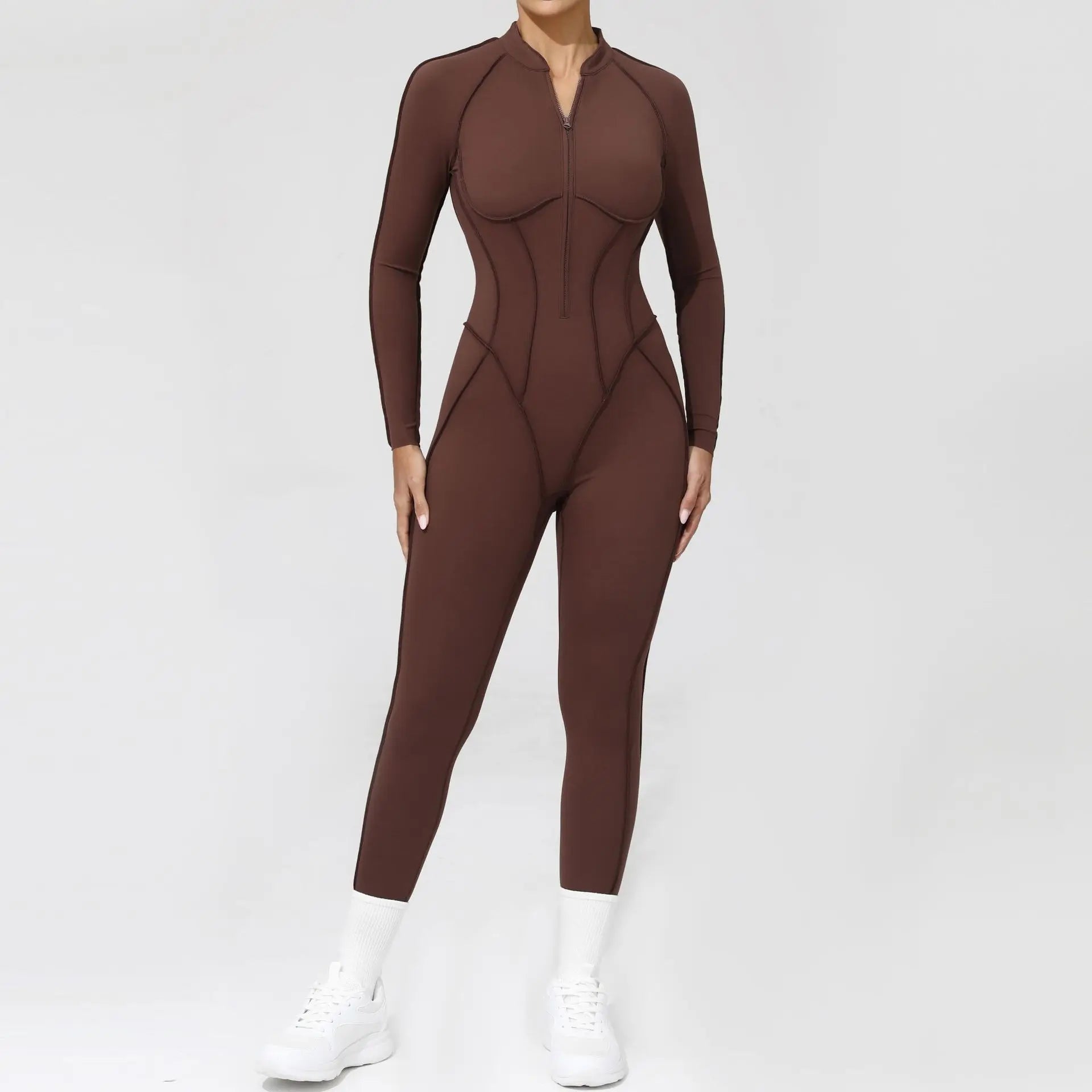 Brown bodysuit worn by a person on a white background