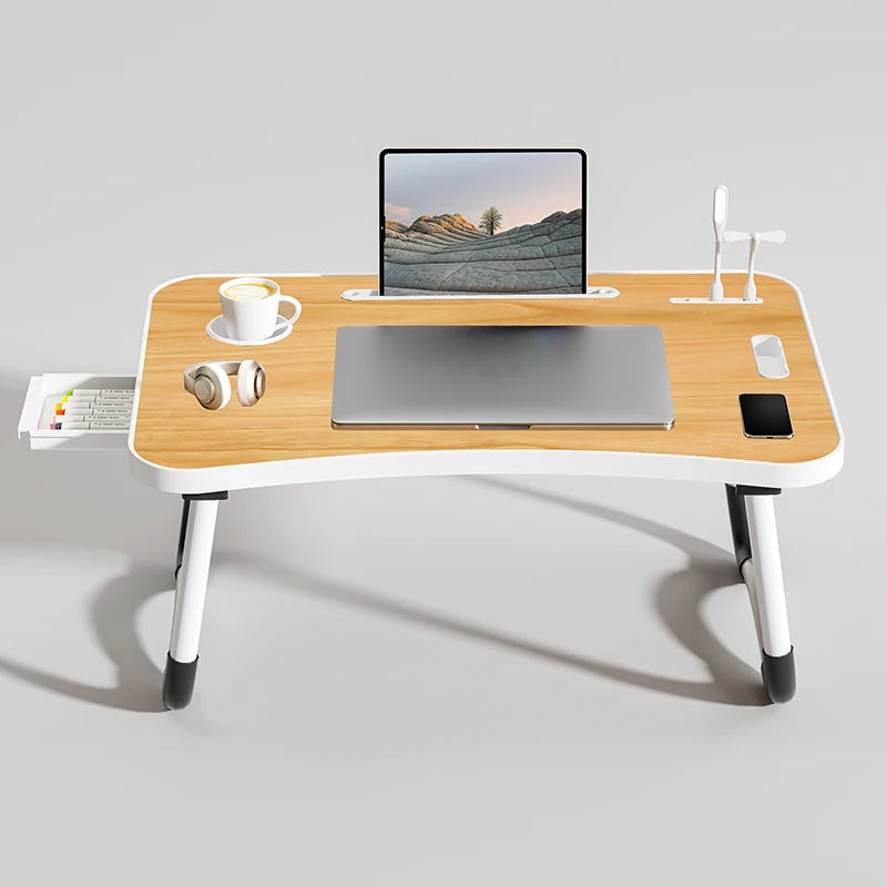 Compact portable desk for laptops up to 17 inches, with built-in light and tablet holder.