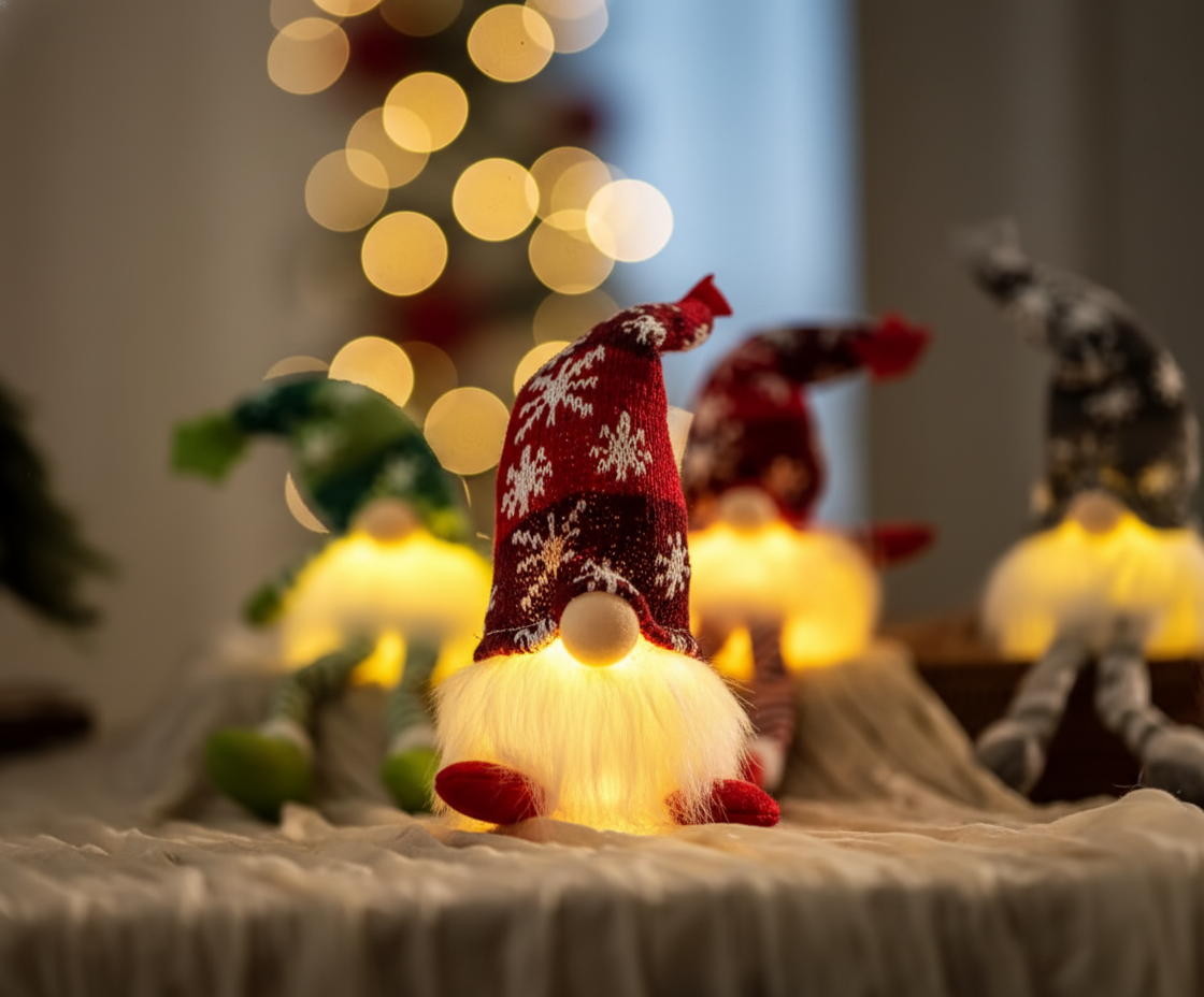 Decorative gnome with a red hat and white beard on a soft surface with blurred lights in the background