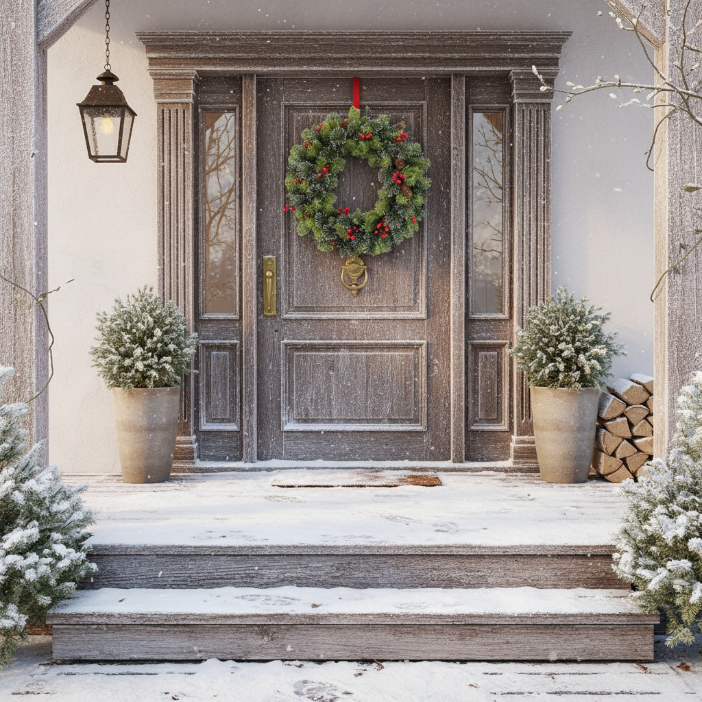 Front door with a wreath, potted plants, and stacked firewood in a snowy setting