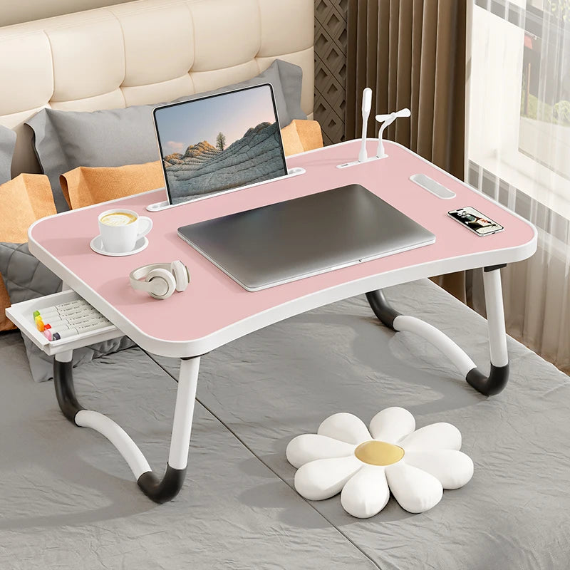 Ergonomic laptop desk with integrated USB lamp and tablet holder for easy access.