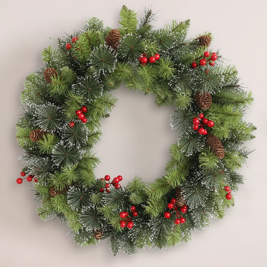 Christmas wreath with greenery, red berries, and pinecones on a plain background