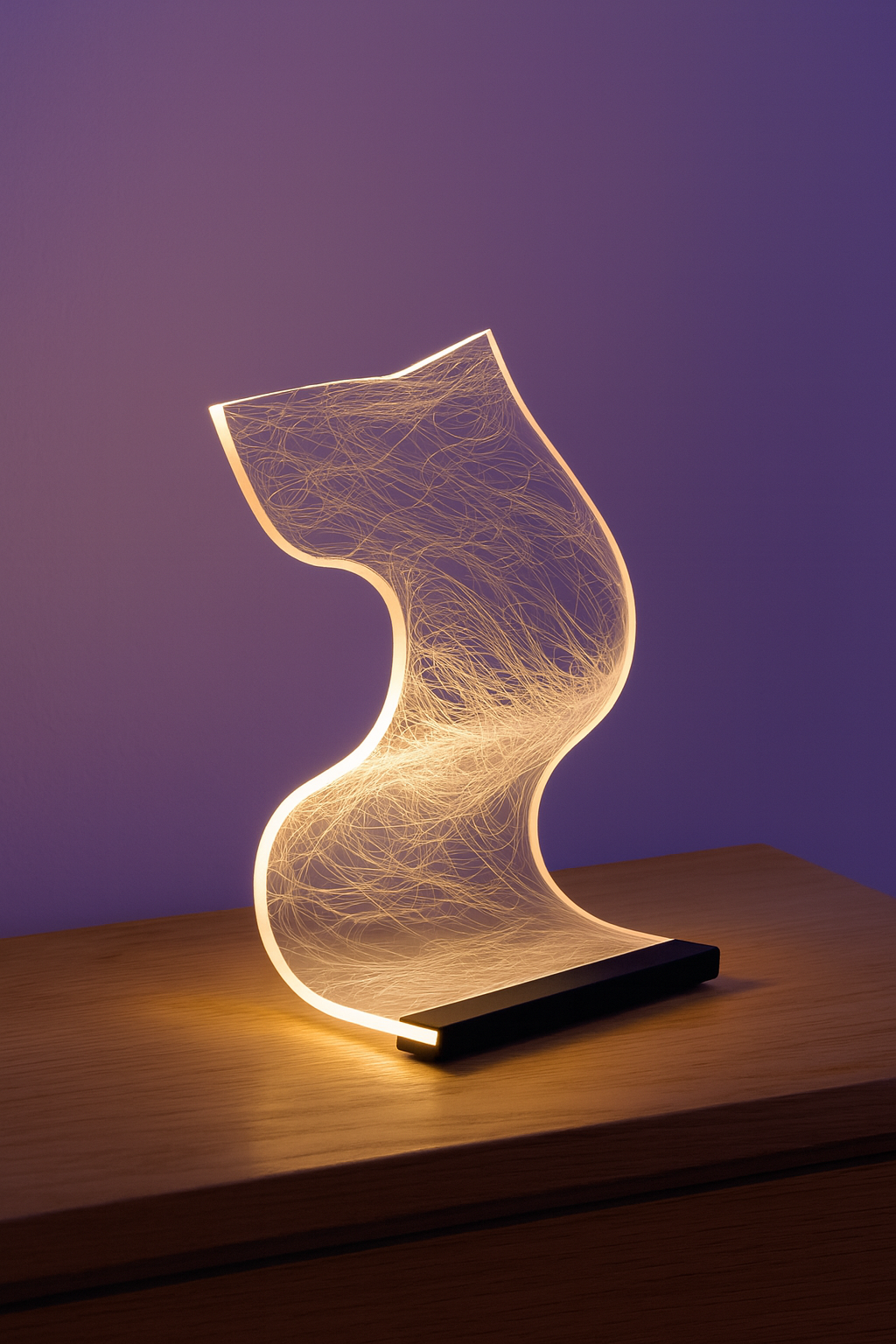 Sleek, modern curved LED desk lamp with transparent acrylic design, showcasing futuristic lighting.