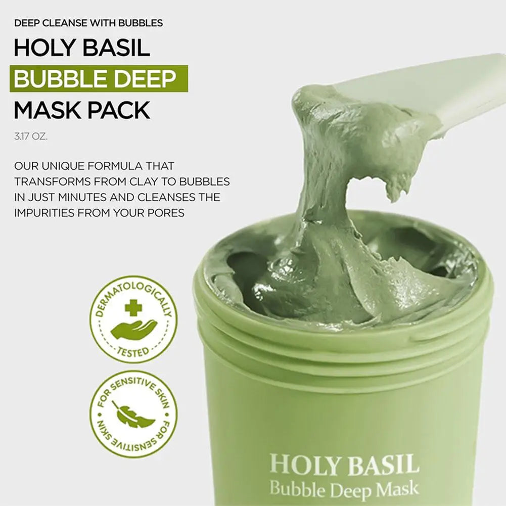 Green Holy Basil Bubble Deep Mask Pack with text and branding on a white background