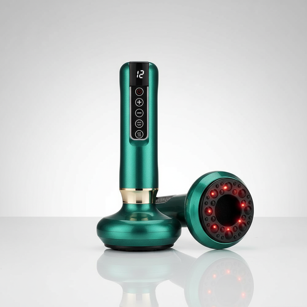 Green handheld device with digital display and red light on a white background