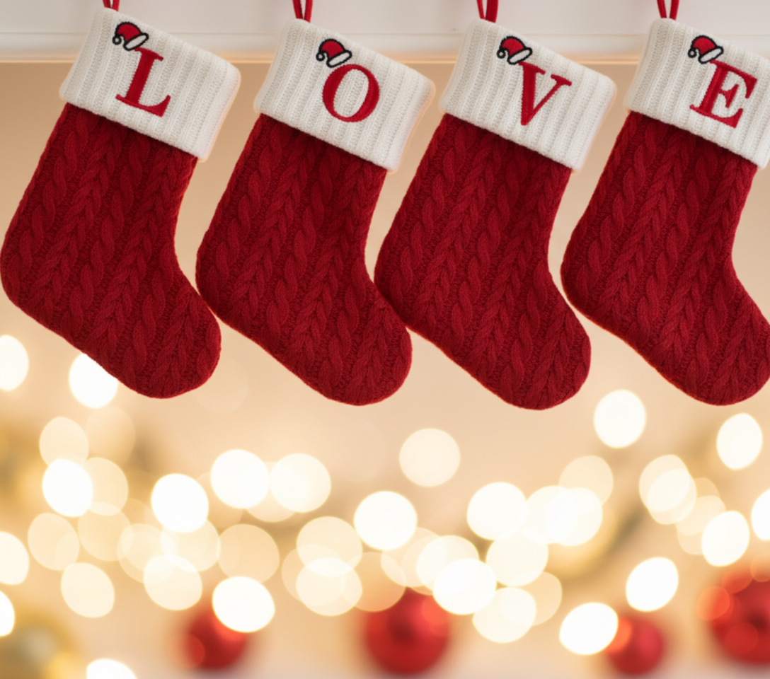 Four red Christmas stockings with white cuffs displaying letters, against a blurred festive background.