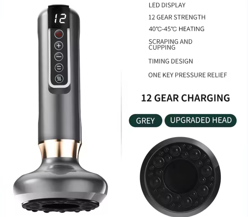 Handheld electronic device with digital display and massage head on a white background