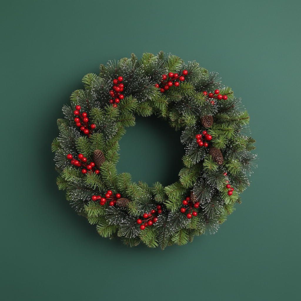 Christmas wreath with red berries on a green background