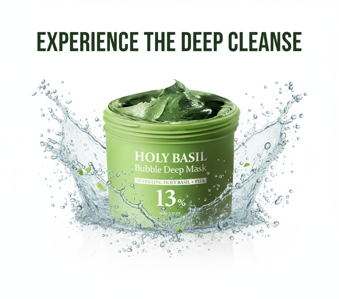 Green jar of Holy Basil Bubble Deep Mask with water splashes on a white background