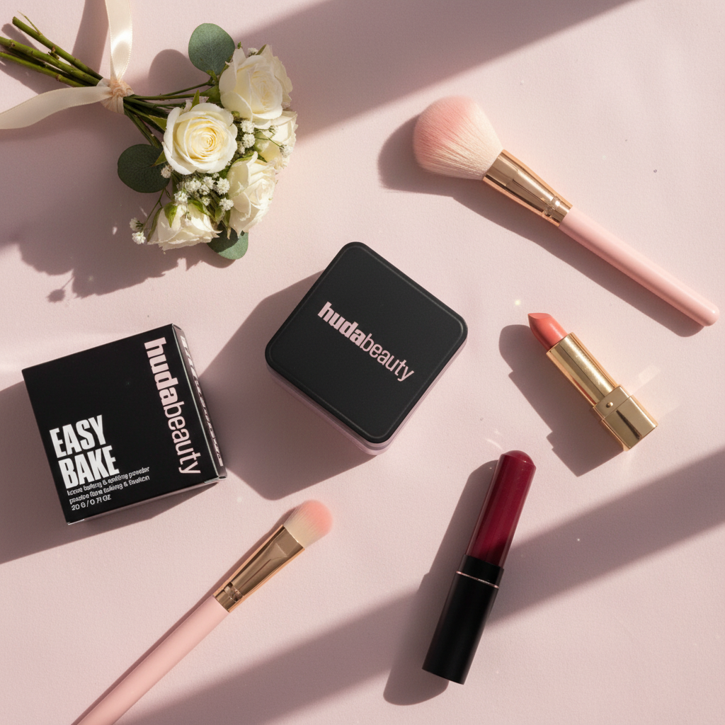 Makeup products including a compact, lipstick, and brushes on a pink surface with flowers.