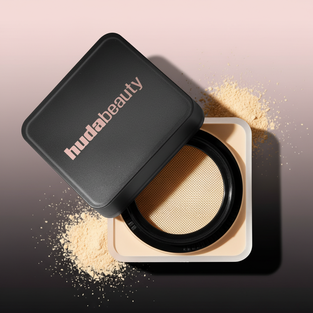 Hudabeauty powder compact with open lid on a gradient background