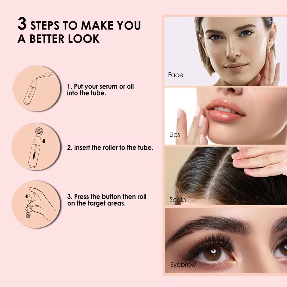 Instructions on using a cosmetic product with images of face, lips, scalp, and eyebrows.