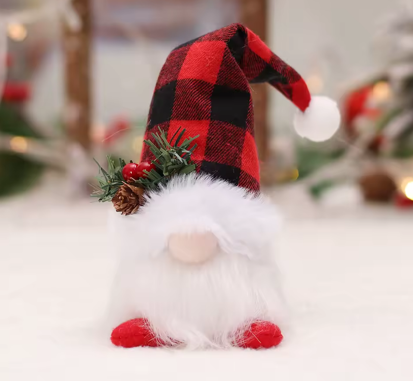 Christmas-themed gnome with a red and black checkered hat, white beard, and red shoes on a blurred festive background.