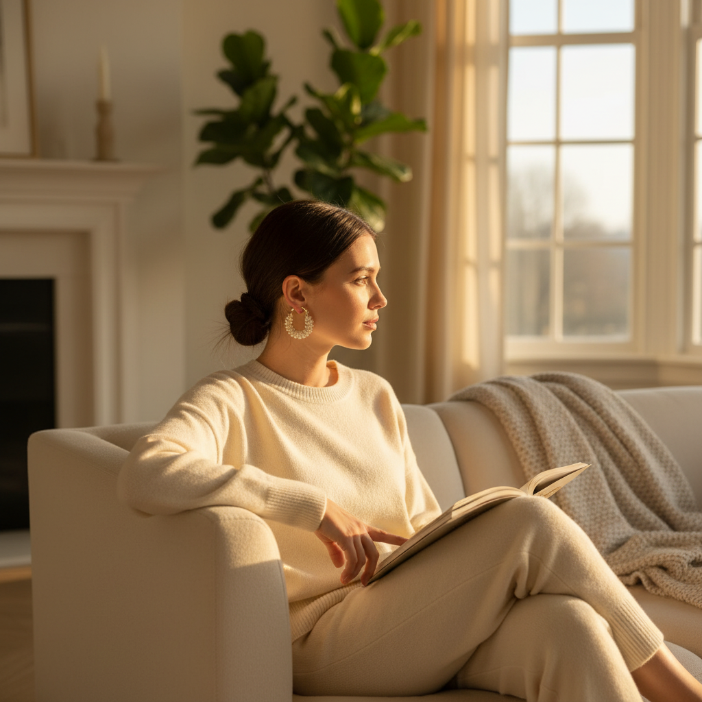 Woman reading a book in a cozy living room with sunlight streaming through the window.