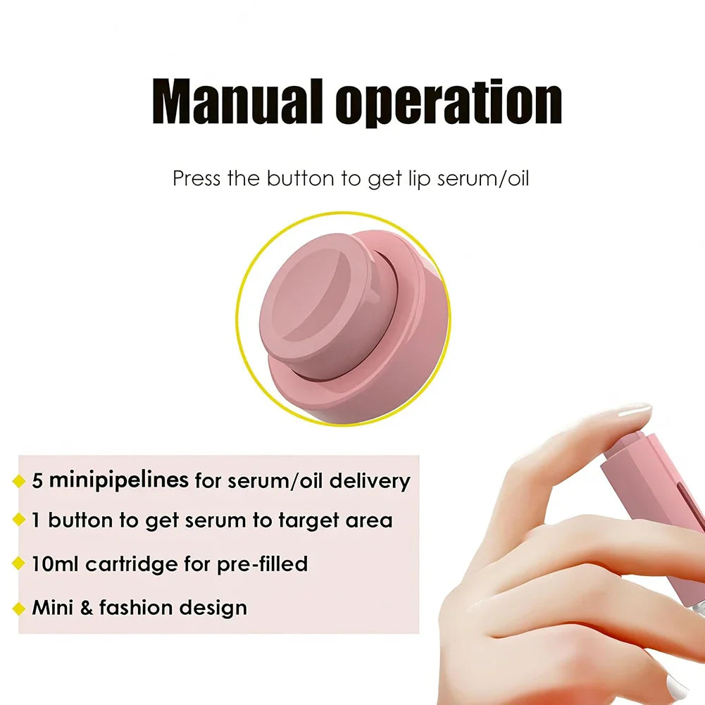 Lip serum/oil device with button operation and text detailing features on a white background