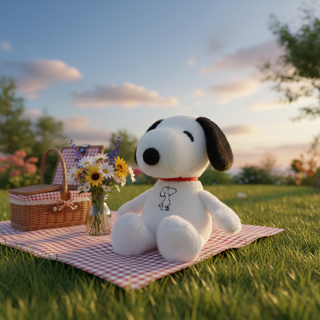 Stuffed dog toy on a picnic blanket with flowers and a basket in a park setting