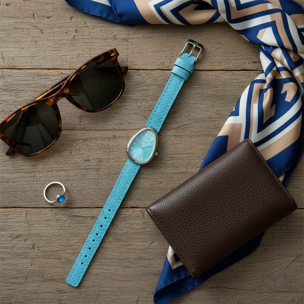 Blue watch, sunglasses, wallet, and ring on a wooden surface with a patterned scarf.