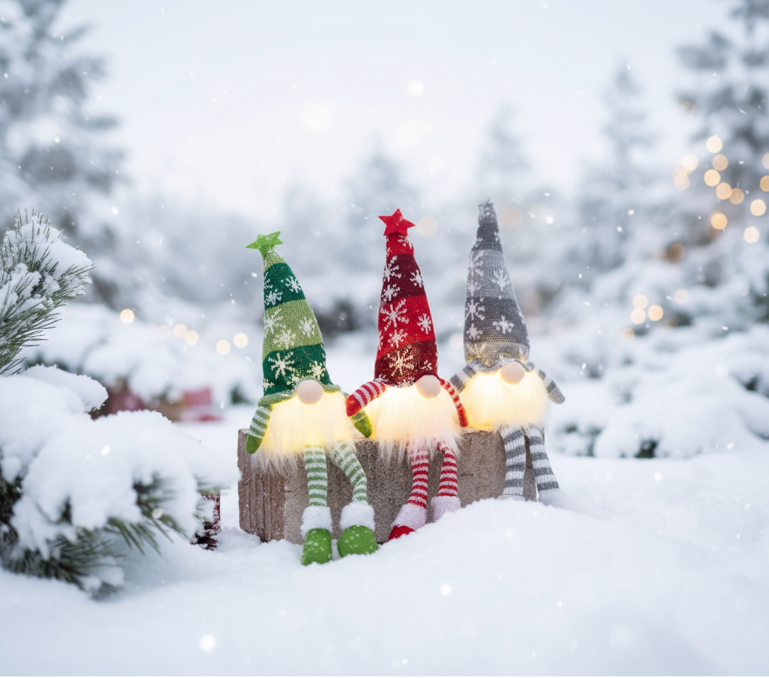 Three animated gnomes with colorful hats and striped socks standing in a snowy landscape.