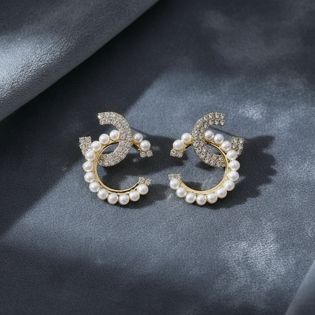 Pair of earrings with pearl-like beads on a dark surface