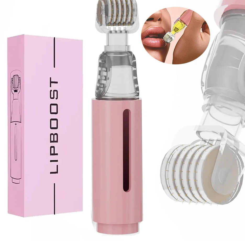Pink lip augmentation device with packaging and additional components on a white background