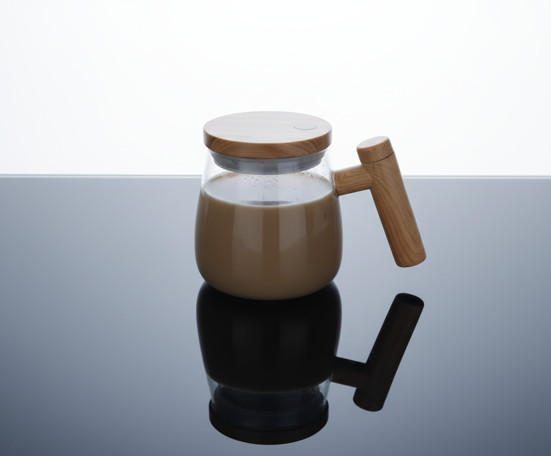 Glass jar with wooden lid and handle filled with a brown liquid on a reflective surface.