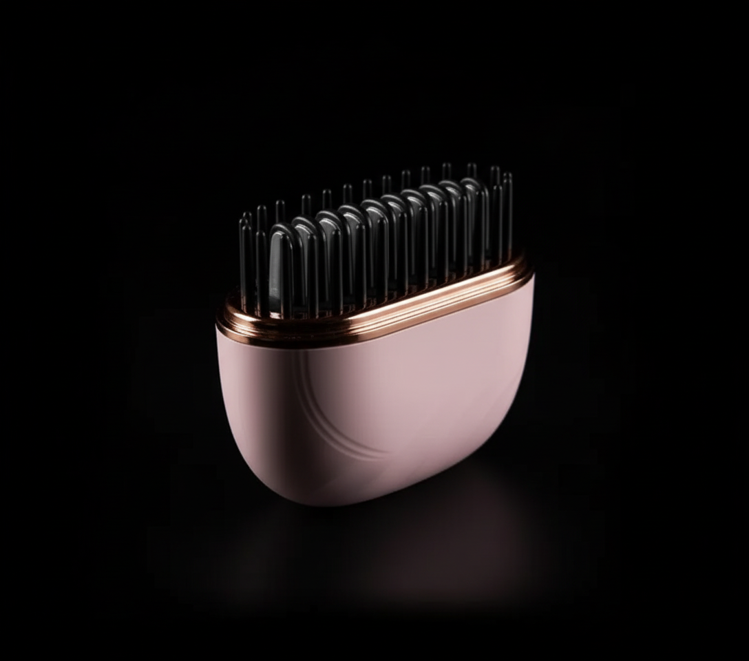 Hair removal device with black bristle head and pink handle on a dark background