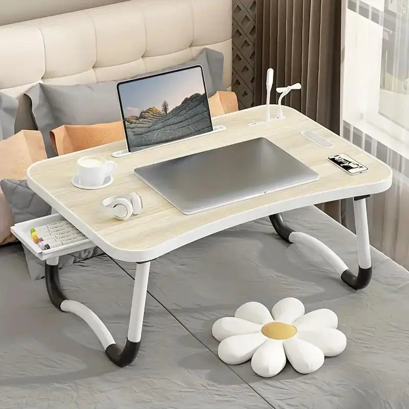 Portable laptop desk with USB-powered light and tablet stand, perfect for working from home.