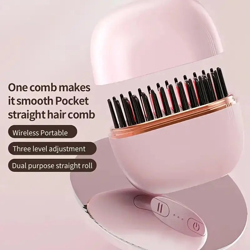 Pink hair straightening comb with text highlighting features on a light gray background