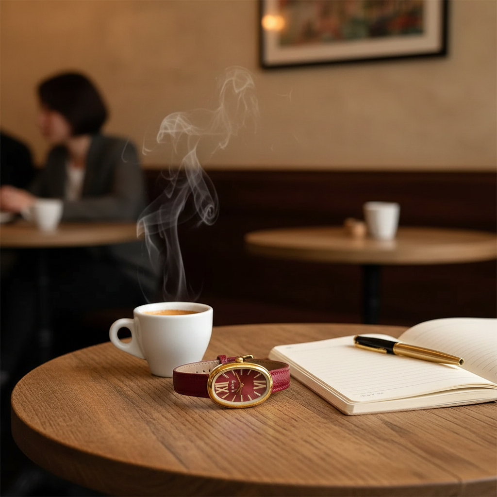 Steaming cup of coffee on a table with a notebook and pen, blurred background