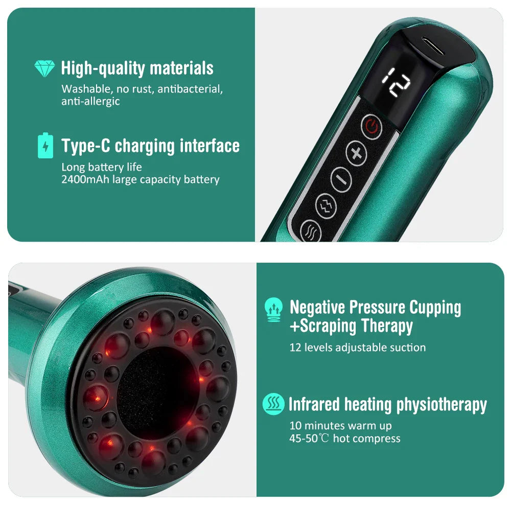 Green electronic device with text highlighting features on a white background