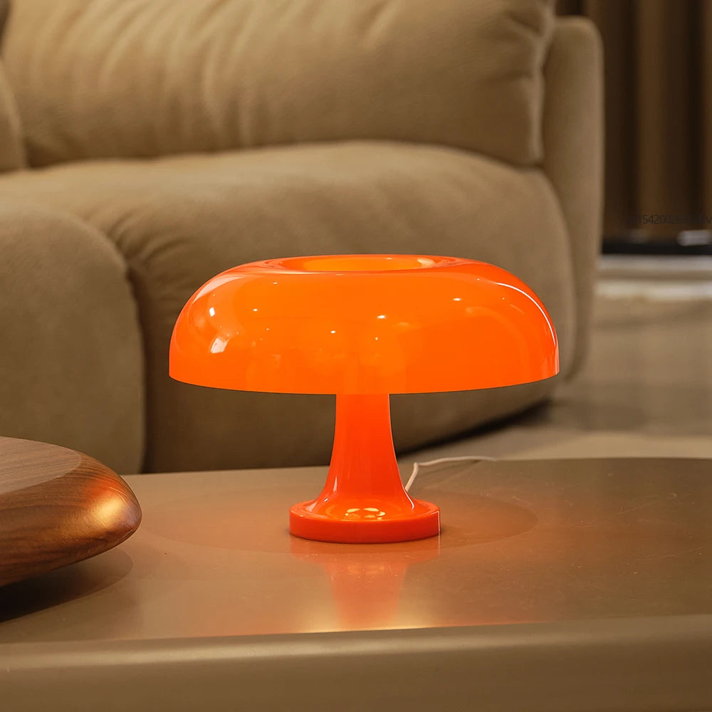 Modern mushroom bedside lamp emitting warm light