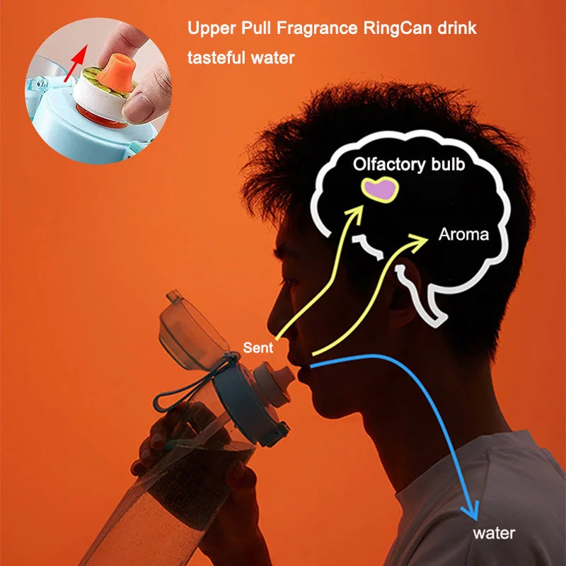 Woman holding pastel-colored bottle with fruit icons