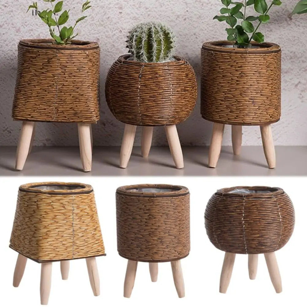 Two rattan flower pots with indoor plants