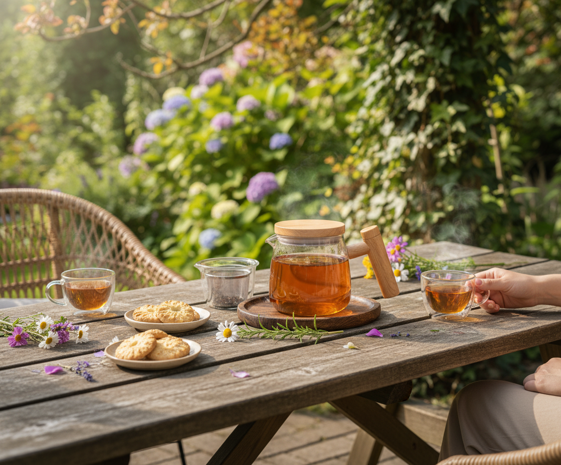 Tea time outdoors with a teapot, cups, and snacks on a wooden table in a garden.